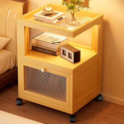 Traditional Vintage Square Glass Bamboo Movable Nightstand 1-Cabinet For Bedroom