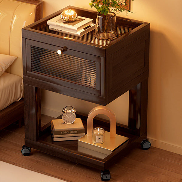 Traditional Vintage Square Glass Bamboo Movable Nightstand 1-Cabinet For Bedroom