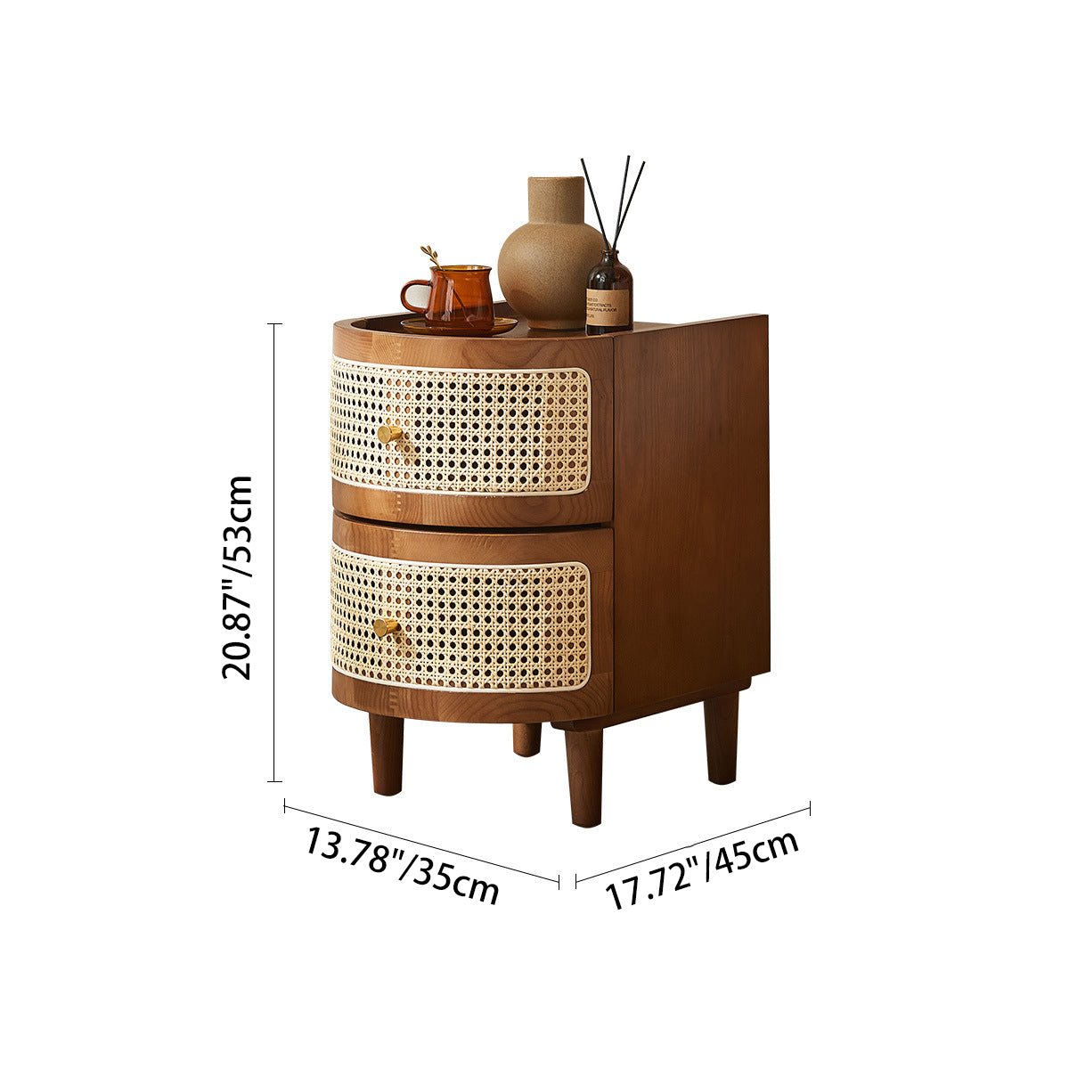 Traditional Vintage Curved Semicircle Solid Wood Solid Wood Multi-layer Board Plastic Weaving Nightstand 2-Drawer For Bedroom