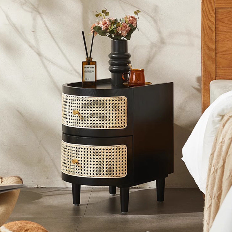 Traditional Vintage Curved Semicircle Solid Wood Solid Wood Multi-layer Board Plastic Weaving Nightstand 2-Drawer For Bedroom