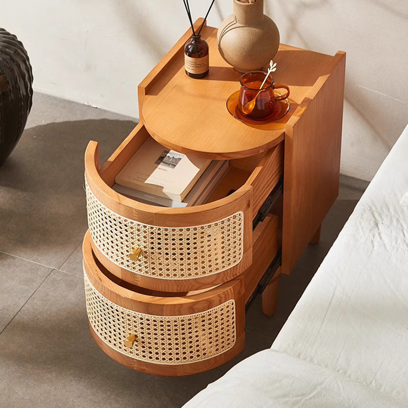 Traditional Vintage Curved Semicircle Solid Wood Solid Wood Multi-layer Board Plastic Weaving Nightstand 2-Drawer For Bedroom