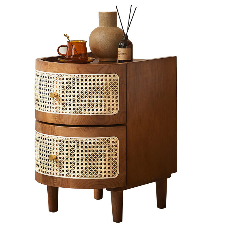 Traditional Vintage Curved Semicircle Solid Wood Solid Wood Multi-layer Board Plastic Weaving Nightstand 2-Drawer For Bedroom