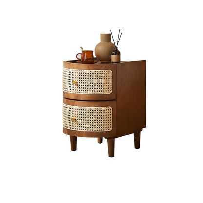 Traditional Vintage Curved Semicircle Solid Wood Solid Wood Multi-layer Board Plastic Weaving Nightstand 2-Drawer For Bedroom