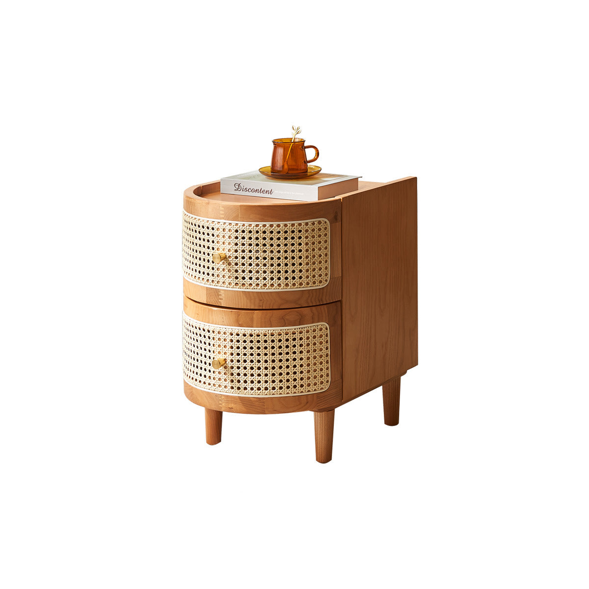 Traditional Vintage Curved Semicircle Solid Wood Solid Wood Multi-layer Board Plastic Weaving Nightstand 2-Drawer For Bedroom