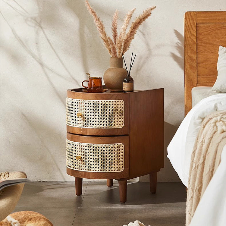 Traditional Vintage Curved Semicircle Solid Wood Solid Wood Multi-layer Board Plastic Weaving Nightstand 2-Drawer For Bedroom