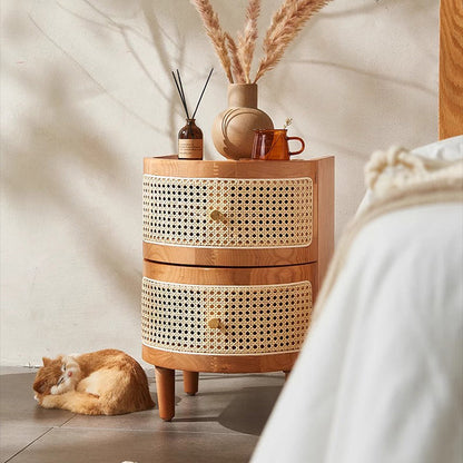 Traditional Vintage Curved Semicircle Solid Wood Solid Wood Multi-layer Board Plastic Weaving Nightstand 2-Drawer For Bedroom