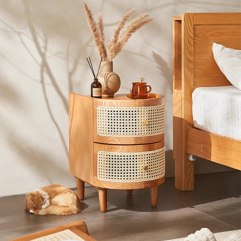 Traditional Vintage Curved Semicircle Solid Wood Solid Wood Multi-layer Board Plastic Weaving Nightstand 2-Drawer For Bedroom