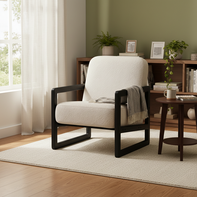 Traditional Vintage Fabric Lamb Fleece Solid Wood Multi-layer Board Sponge Curved Accent Chair Backrest Armrest For Living Room