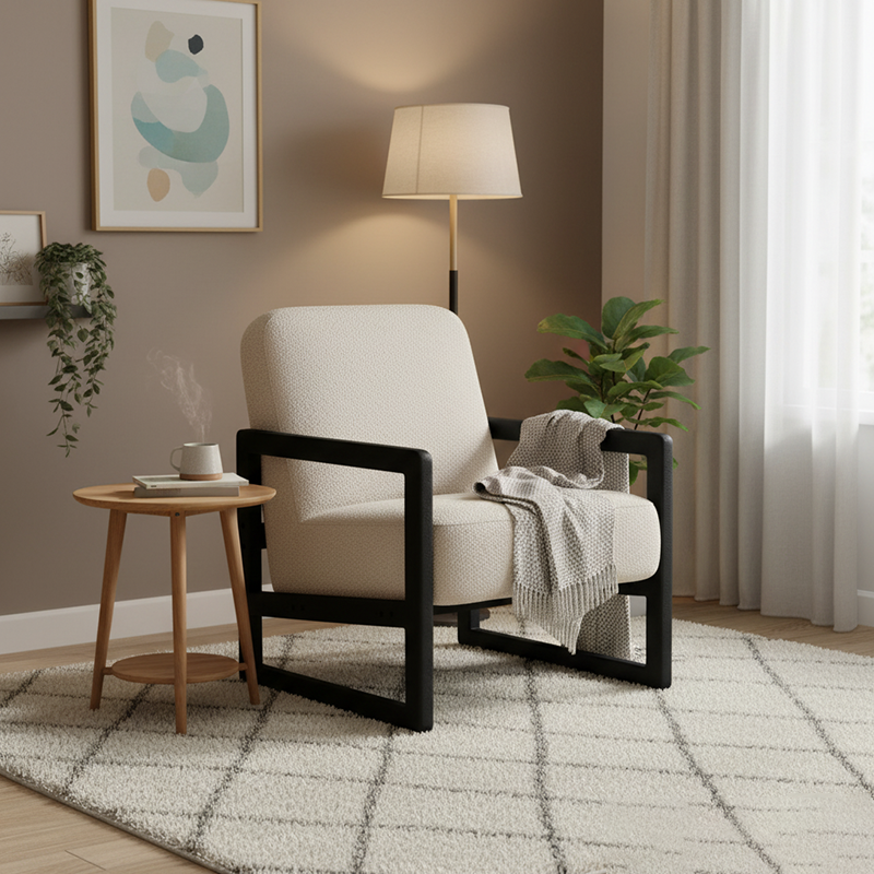 Traditional Vintage Fabric Lamb Fleece Solid Wood Multi-layer Board Sponge Curved Accent Chair Backrest Armrest For Living Room