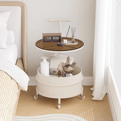 Modern Minimalist Round Glass Faux Leather Iron Frame Movable Side Table 2-Tier For Living Room