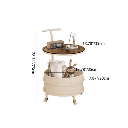 Modern Minimalist Round Glass Faux Leather Iron Frame Movable Side Table 2-Tier For Living Room
