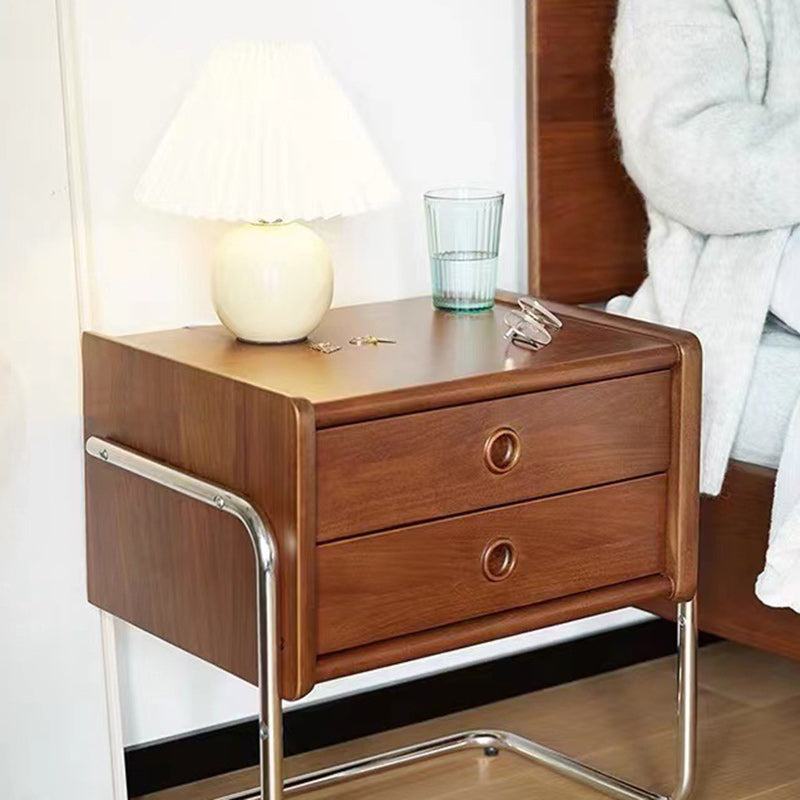 Traditional Vintage Rectangle Pine Wood Rubberwood Solid Wood Multi-layer Board Stainless Steel Nightstand 2-Drawer For Bedroom