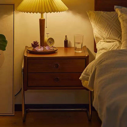 Traditional Vintage Rectangle Pine Wood Rubberwood Solid Wood Multi-layer Board Stainless Steel Nightstand 2-Drawer For Bedroom