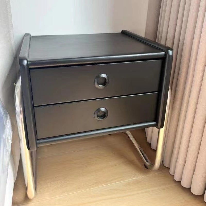 Traditional Vintage Rectangle Pine Wood Rubberwood Solid Wood Multi-layer Board Stainless Steel Nightstand 2-Drawer For Bedroom