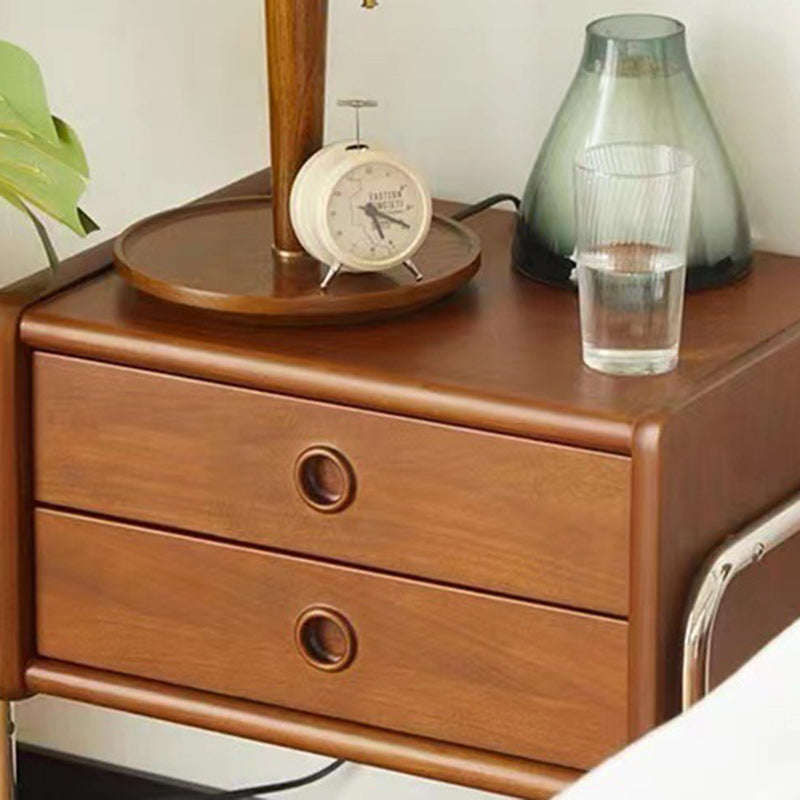 Traditional Vintage Rectangle Pine Wood Rubberwood Solid Wood Multi-layer Board Stainless Steel Nightstand 2-Drawer For Bedroom