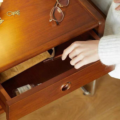 Traditional Vintage Rectangle Pine Wood Rubberwood Solid Wood Multi-layer Board Stainless Steel Nightstand 2-Drawer For Bedroom