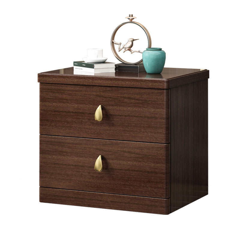 Traditional Chinese Rectangular Rubberwood Solid Wood Multi-layer Board Nightstand 2-Drawer For Bedroom