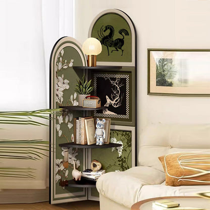 Traditional Chinese Double-Arched Shape MDF Corner Shelf Unit 4-Tier For Living Room