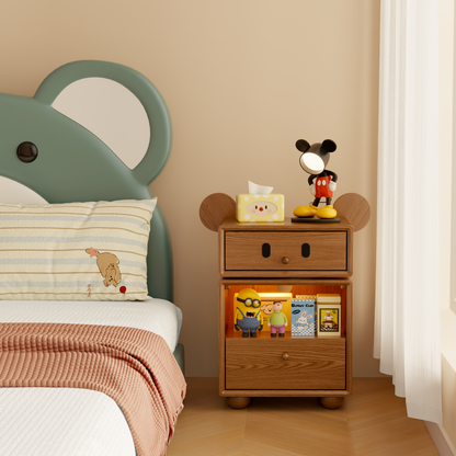 Contemporary Creative Kids Mouse Shape Rubberwood Pine Wood Swivel Nightstand 2-Drawer For Bedroom
