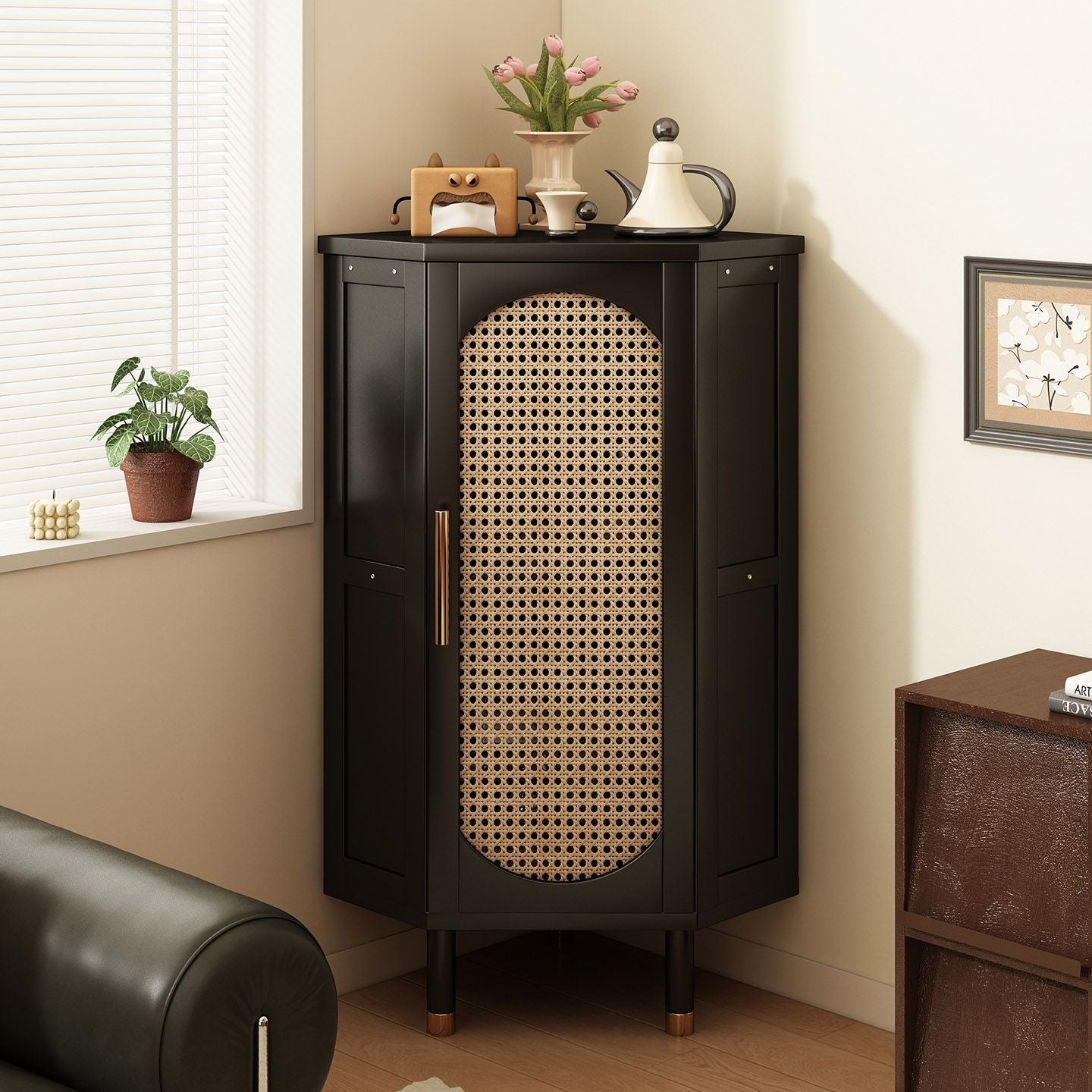 Modern Minimalist Triangle Rectangular Bamboo Glass Plastic Weaving Corner Storage Cabinet 1-Drawer For Bedroom