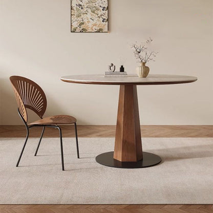Modern Minimalist Round Sintered Stone Ash Wood Dining Table For 4/5 Seats
