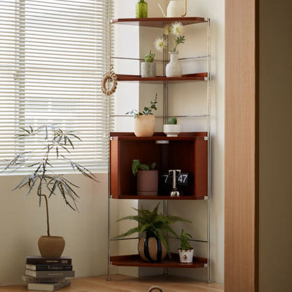 Modern Minimalist Rectangular Solid Wood Multi-layer Board Stainless Steel Storage Corner Shelf Unit 5-Tier For Living Room