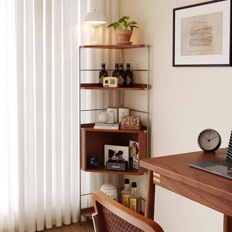 Modern Minimalist Rectangular Solid Wood Multi-layer Board Stainless Steel Storage Corner Shelf Unit 5-Tier For Living Room