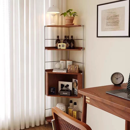 Modern Minimalist Rectangular Solid Wood Multi-layer Board Stainless Steel Storage Corner Shelf Unit 5-Tier For Living Room