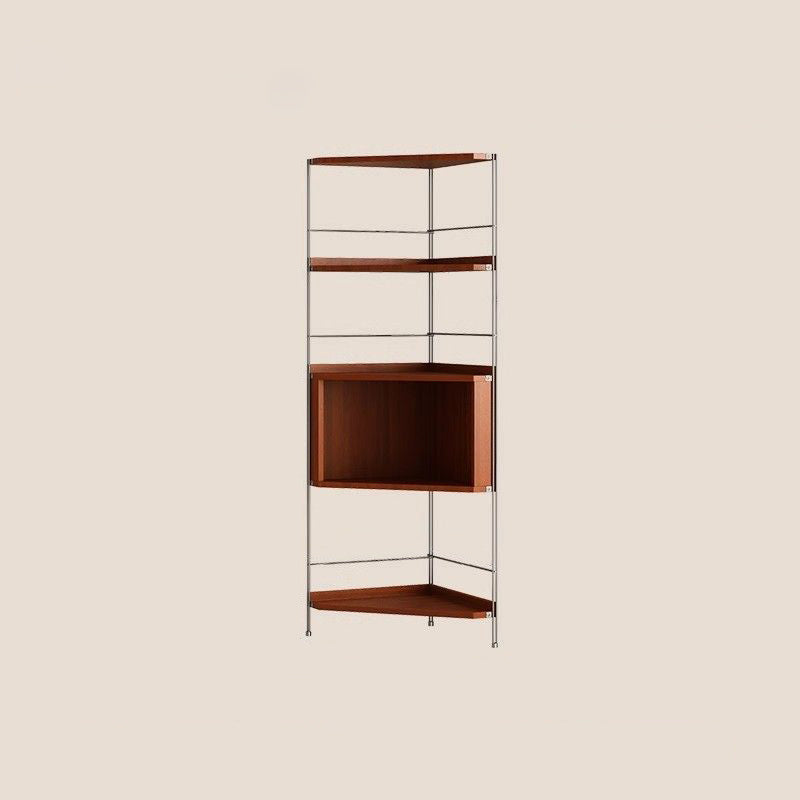 Modern Minimalist Rectangular Solid Wood Multi-layer Board Stainless Steel Storage Corner Shelf Unit 5-Tier For Living Room