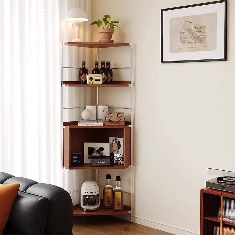 Modern Minimalist Rectangular Solid Wood Multi-layer Board Stainless Steel Storage Corner Shelf Unit 5-Tier For Living Room