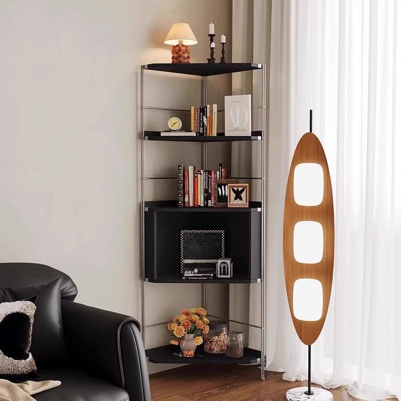 Modern Minimalist Rectangular Solid Wood Multi-layer Board Stainless Steel Storage Corner Shelf Unit 5-Tier For Living Room