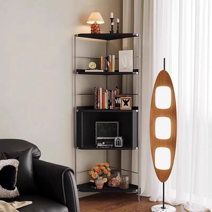 Modern Minimalist Rectangular Solid Wood Multi-layer Board Stainless Steel Storage Corner Shelf Unit 5-Tier For Living Room