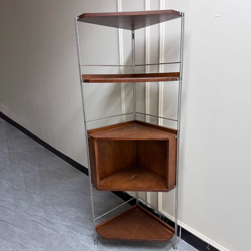Modern Minimalist Rectangular Solid Wood Multi-layer Board Stainless Steel Storage Corner Shelf Unit 5-Tier For Living Room