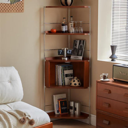 Modern Minimalist Rectangular Solid Wood Multi-layer Board Stainless Steel Storage Corner Shelf Unit 5-Tier For Living Room