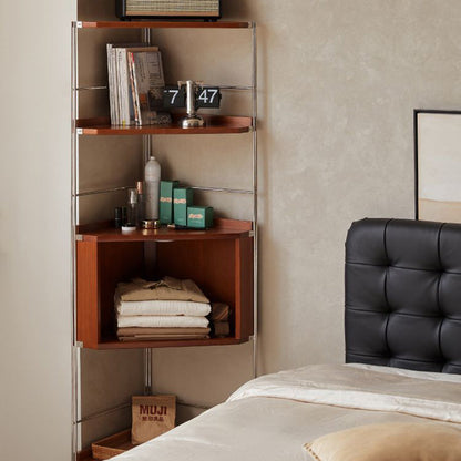 Modern Minimalist Rectangular Solid Wood Multi-layer Board Stainless Steel Storage Corner Shelf Unit 5-Tier For Living Room