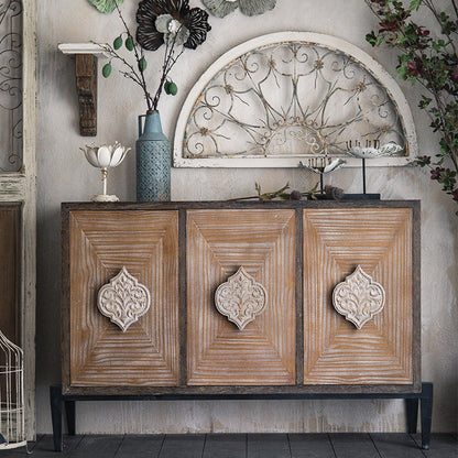 Traditional Vintage Iron & Pine Rectangular Console Table With 3-Cabinet Storage For Entryways & Living Room