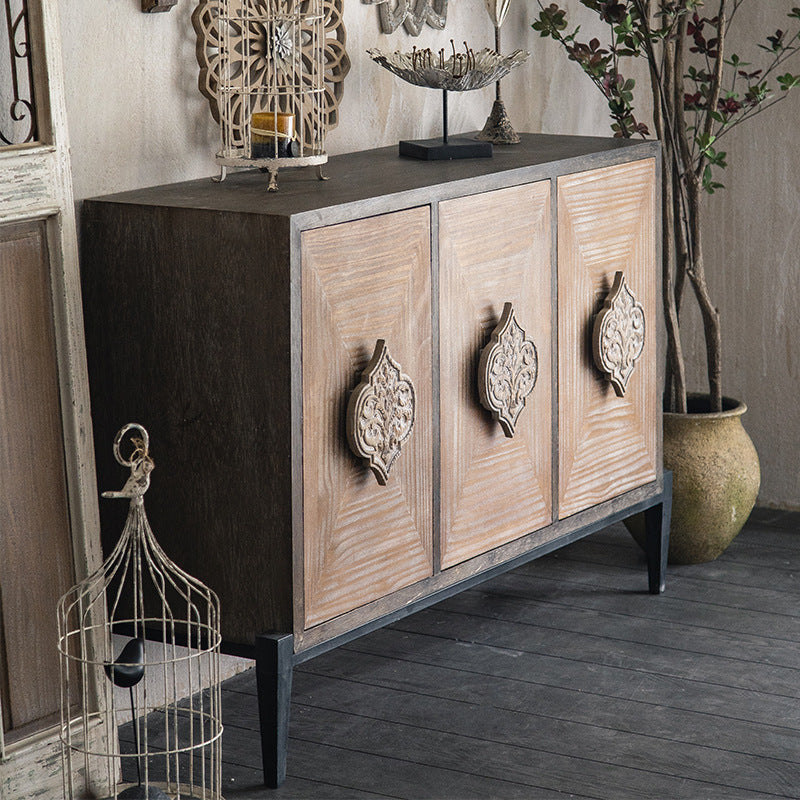 Traditional Vintage Iron & Pine Rectangular Console Table With 3-Cabinet Storage For Entryways & Living Room