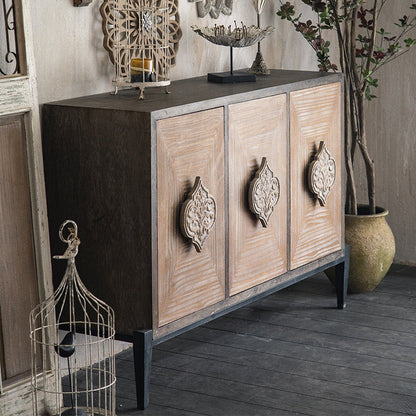 Traditional Vintage Iron & Pine Rectangular Console Table With 3-Cabinet Storage For Entryways & Living Room