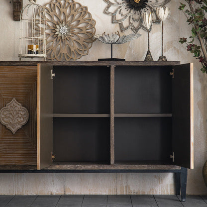 Traditional Vintage Iron & Pine Rectangular Console Table With 3-Cabinet Storage For Entryways & Living Room