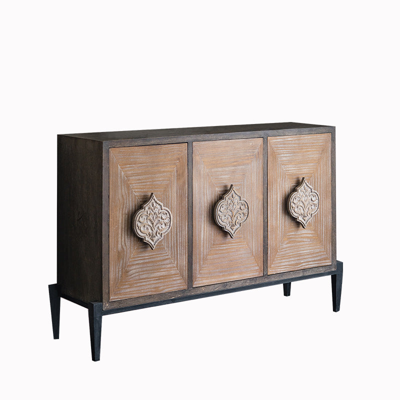 Traditional Vintage Iron & Pine Rectangular Console Table With 3-Cabinet Storage For Entryways & Living Room