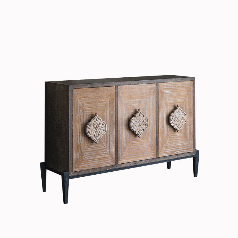 Traditional Vintage Iron & Pine Rectangular Console Table With 3-Cabinet Storage For Entryways & Living Room
