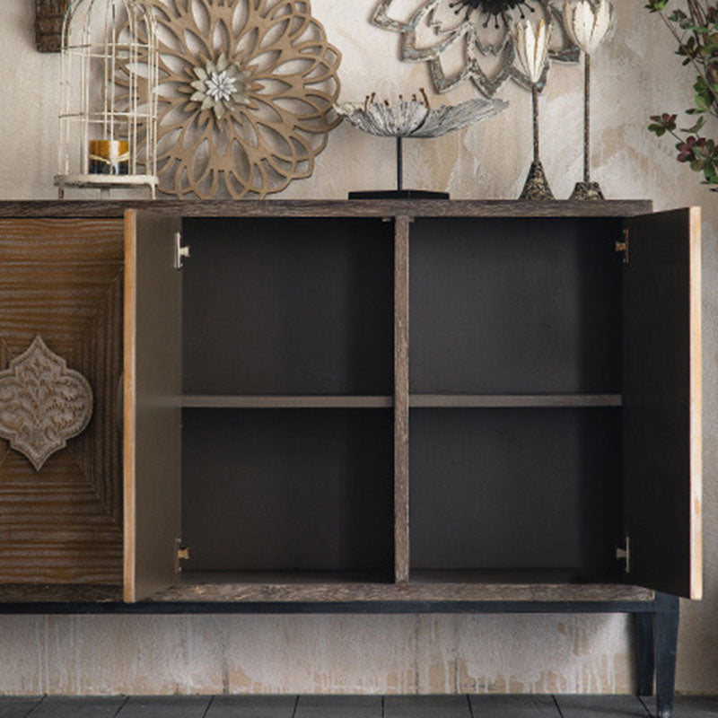 Traditional Vintage Iron & Pine Rectangular Console Table With 3-Cabinet Storage For Entryways & Living Room