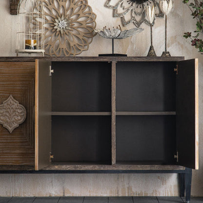 Traditional Vintage Iron & Pine Rectangular Console Table With 3-Cabinet Storage For Entryways & Living Room
