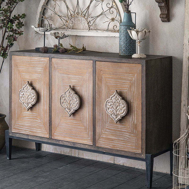 Traditional Vintage Iron & Pine Rectangular Console Table With 3-Cabinet Storage For Entryways & Living Room
