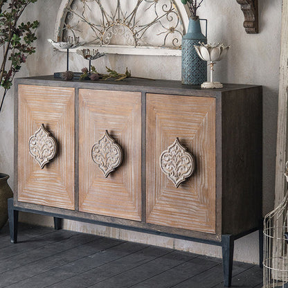 Traditional Vintage Iron & Pine Rectangular Console Table With 3-Cabinet Storage For Entryways & Living Room
