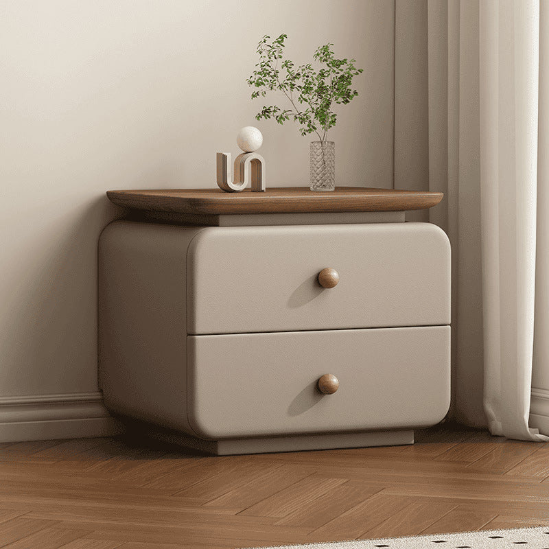 Contemporary Scandinavian Solid Wood Multi-layer Board & Microfiber Leather Rectangular Nightstand 2-Drawer Storage For Bedroom