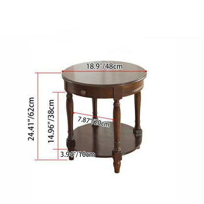 Traditional Chinese Round Solid Wood Solid Wood Multi-layer Board Side Table With 2-Tier Design And Single Drawer For Living Room & Bedroom