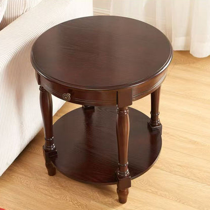 Traditional Chinese Round Solid Wood Solid Wood Multi-layer Board Side Table With 2-Tier Design And Single Drawer For Living Room & Bedroom
