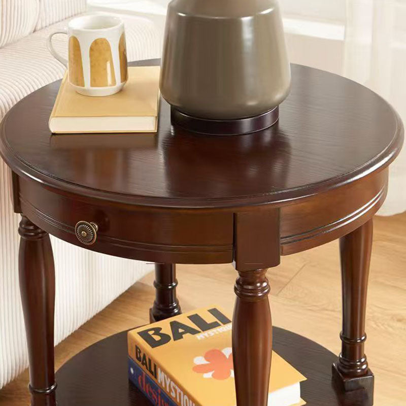 Traditional Chinese Round Solid Wood Solid Wood Multi-layer Board Side Table With 2-Tier Design And Single Drawer For Living Room & Bedroom