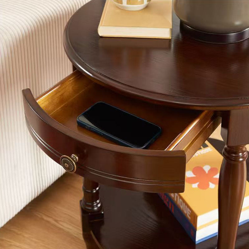 Traditional Chinese Round Solid Wood Solid Wood Multi-layer Board Side Table With 2-Tier Design And Single Drawer For Living Room & Bedroom